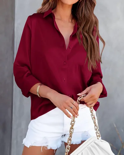 Vista 3 de BTFBM Camisas de satén con botones para mujer, manga larga, con solapa, cuello en V, holgadas, casuales, para el trabajo, verano, primavera, blusa