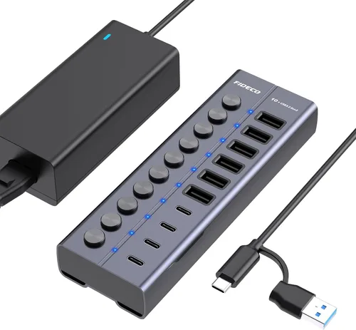 Vista 9 de FIDECO Hub USB alimentado de 60 W para laptop y PC, divisor USB de 10 puertos de 10 Gbps con adaptador de corriente de 12 V 5 A, adaptador