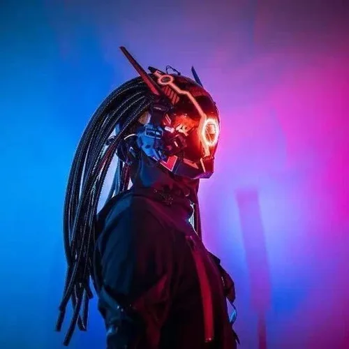 Vista 3 de Cyberpunk - Máscara futurista con luces máscara con tubos aspecto de cabello Cyberpunk para cosplay disfraz interestelar máscara LED punk brillante