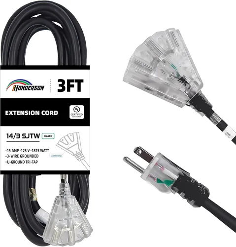 Vista 10 de Cable de extensión GFCI iluminado de 3 pies con 3 tomas de corriente, cable de extensión negro resistente SJTW 12/3 con enchufe a tierra de 3