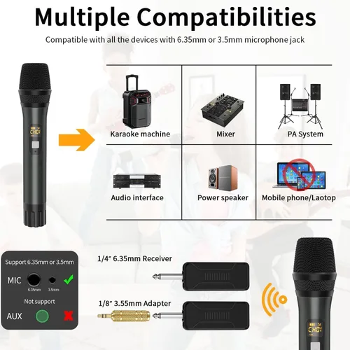 Vista 5 de Micrófono inalámbrico, sistema de micrófono dinámico inalámbrico de metal dual UHF de mano con receptor recargable, rango de 200 pies, para karaoke