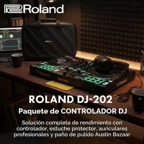 Vista 3 de Roland DJ-202 Paquete de controlador DJ con funda, auriculares y paño de pulido de Austin Bazaar