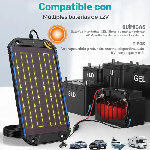Vista 3 de SUNER POWER Cargador de batería solar impermeable de 5 W 12 V y mantenedor Pro, controlador de carga MPPT ultrainteligente integrado, kit de carga