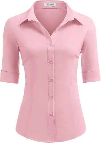 Vista 10 de HOTOUCH Camisas básicas con botones para mujer, manga 3/4, elásticas, con botones, camisa de vestir ajustada para camarera