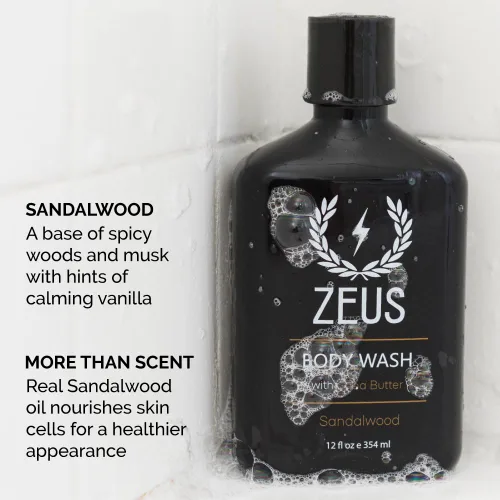 Vista 6 de ZEUS Gel de baño hidratante para hombre con aceite de sándalo, aloe y manteca de karité Premium Nourishing Body Cleanser with Essential Oils for a