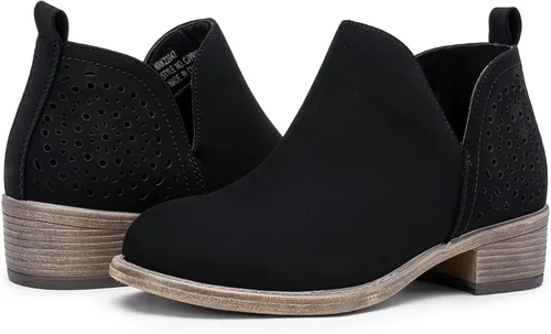 Vista 8 de VEPOSE botas al tobillo para mujer con tacón bajo y grueso, con perforaciones, botas de vaquero