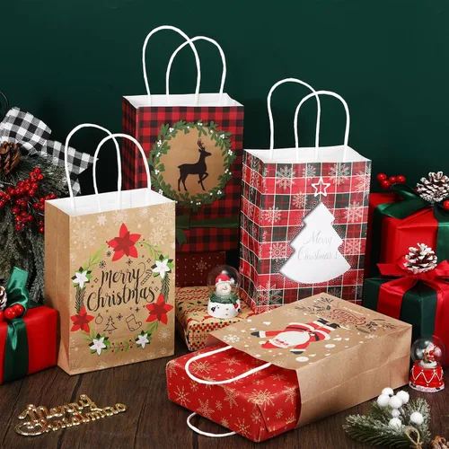 Vista 2 de Resholder 48 Piezas Bolsas de Papel Kraft de Regalo de Navidad a Granel con Asas Bolsas de Dulces Navideñas Reutilizables para Regalos Suministros