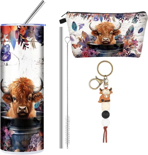 Vista 9 de Abbylike 3 vasos de acero inoxidable azul y blanco de 20 onzas, regalo chinoiserie, bolsa de maquillaje azul y blanco, llavero para enamorados