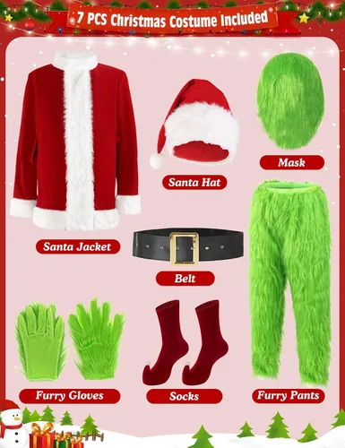 Vista 4 de Disfraz de Papá Noel de monstruo peludo verde navideño para hombres, 7 piezas, traje de Papá Noel para adultos, juego de traje de Navidad incluye