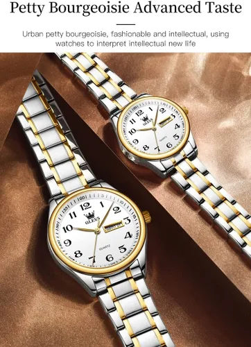 Vista 45 de OLEVS Juego de 2 relojes de cuarzo para parejas de San Valentín, calendario luminoso, ventana de fecha, 3 ATM, impermeable, casual, acero