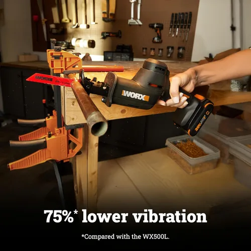 Vista 4 de WORX Sierra recíproca inalámbrica compacta de 20 V, longitud de carrera de 1 pulgada, motor sin escobillas para un 50% más de tiempo