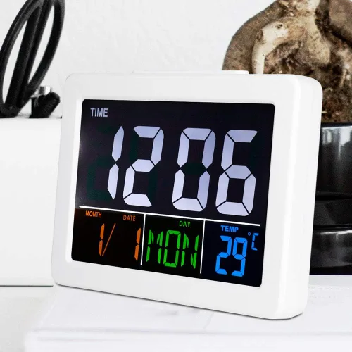 Vista 4 de TOPINCN Reloj despertador digital LCD, despertador digital de viaje, calendario digital, despertador, reloj de día para dormitorio, demencia