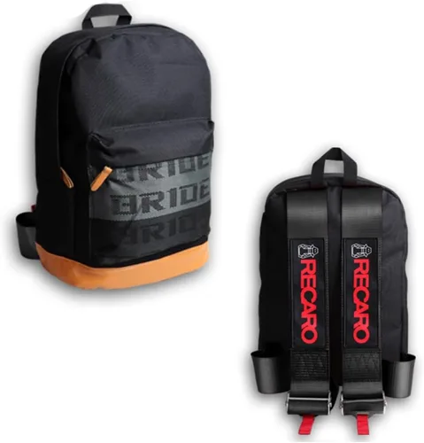 Vista 8 de W-POWER JDM Bride Racing Mochila de viaje para laptop con parte inferior marrón con correas de arnés ajustables (ASIMO-BK)