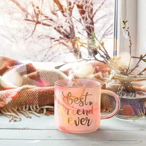 Vista 8 de Regalos para mejores amigas para mujeres, taza de café de mármol de cerámica rosa de 11.5 onzas con llavero - BFF Friend Ever - Regalos divertidos