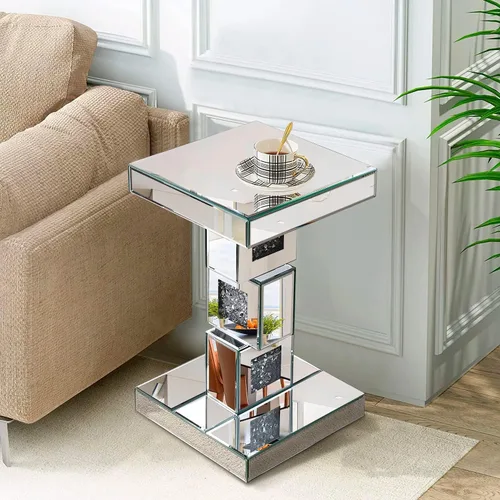 Vista 4 de Mesa auxiliar plateada con incrustaciones de cristal, mesa auxiliar moderna, mesa auxiliar cuadrada pequeña para sala de estar, dormitorio