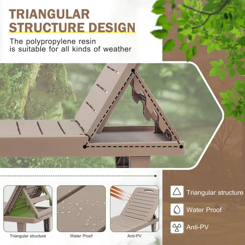 Vista 5 de CDCASA Juego de 4 tumbonas para exteriores, sillas de piscina con 5 posiciones ajustables y bandeja lateral, sala de descanso de resina impermeable