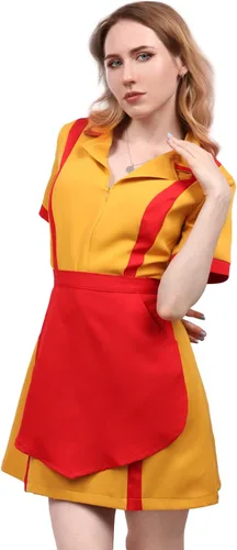 Vista 4 de DAZCOS Disfraz de camarera para mujer, talla estadounidense, uniforme amarillo, fiesta, Halloween, Navidad, cosplay
