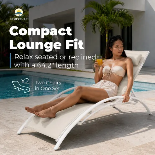 Vista 6 de ComfySure Juego de 2 sillas de aluminio reclinables de textileno de 4 posiciones con almohada y reposabrazos, apilables, resistentes a los rayos UV