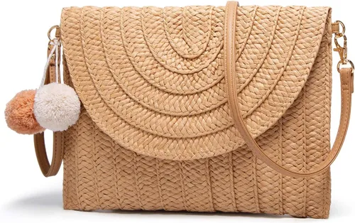Vista 2 de Bolso cruzado con pompón tejido a mano para mujer, bolso cruzado de playa de verano, cartera