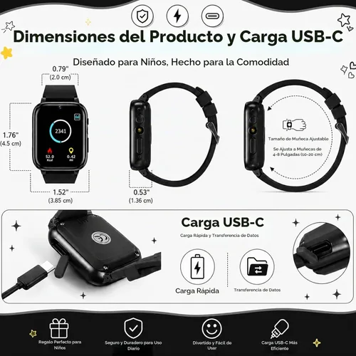 Vista 8 de Reloj inteligente infantil para niñas y niños de 4 a 10 años