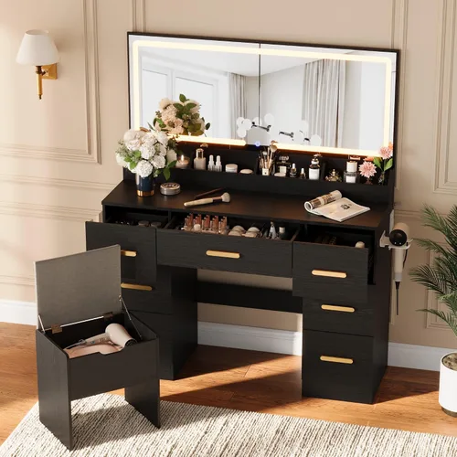 Vista 2 de Garvee Escritorio de tocador con espejo grande y luces, escritorio de maquillaje de 45.9 pulgadas, 3 modos de iluminación de brillo ajustable, mesa