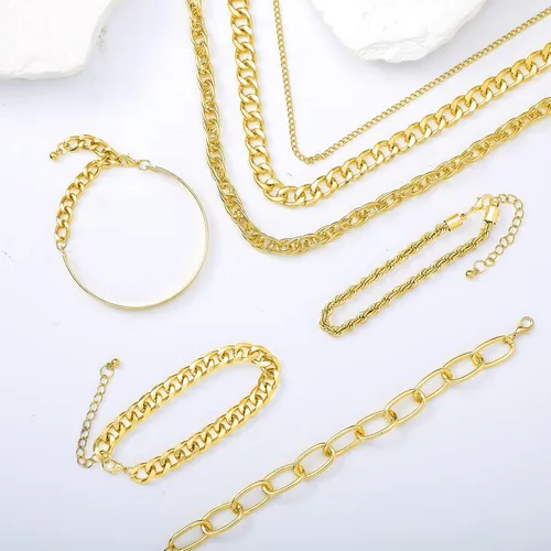 Vista 7 de Glenmal 7 Pcs Chain Necklace Bracelet Sets 90s Jewelry for Women Girls 80s 90s Hip Hop Layered Plated Dainty Chain Necklace Bracelet Set