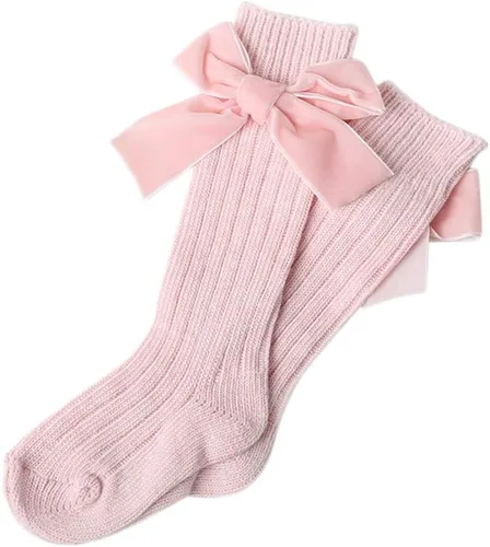 Vista 3 de Kayotuas Calcetines altos hasta la rodilla con lazos, calcetines de uniforme con volantes de tubo largo, calcetines de punto acanalado para bebés