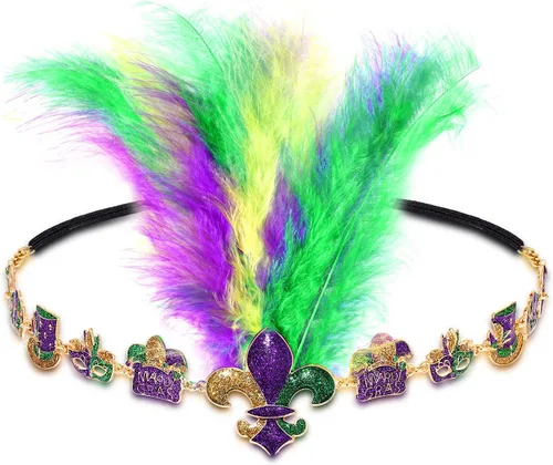 Vista 7 de NVENF Diademas de Mardi Gras, accesorios de Mardi Gras, tocados de plumas, máscara de flor de lis, diademas de carnaval para el desfile