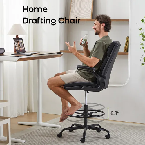 Vista 5 de Silla de Dibujo Silla Alta de Oficina con Reposabrazos Abatibles Acolchados Silla de Escritorio de Pie Ergonómica Ejecutiva para Computadora