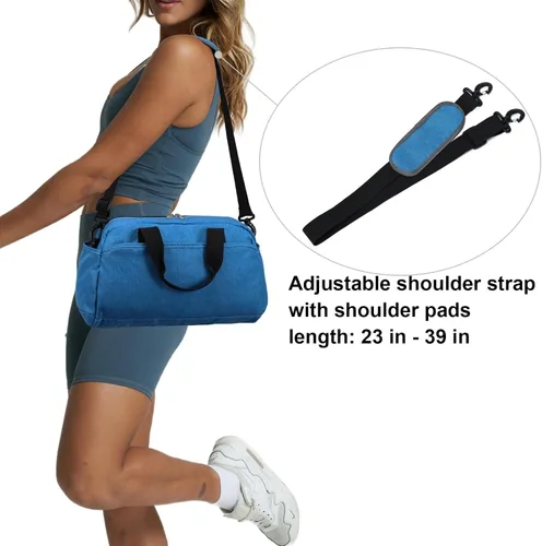 Vista 6 de Bolsa de gimnasio pequeña de 14 pulgadas para mujeres y hombres, mini bolsa de lona para viajes, deportes, bolsa de transporte ligera, color azul