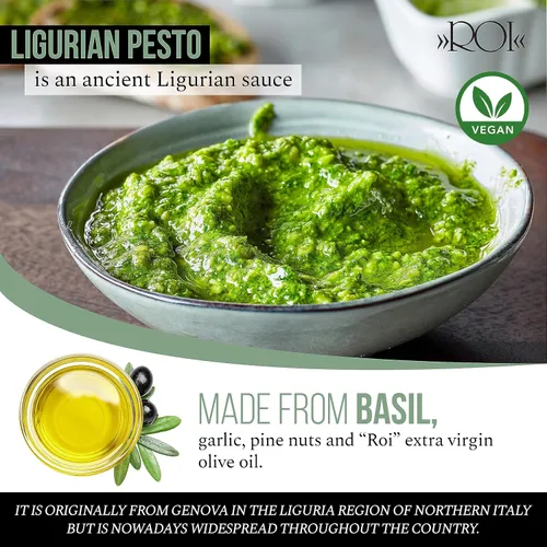 Vista 3 de ROI Pesto Sauce - Pesto vegano - Pesto fresco de albahaca liguriana hecha de albahaca Genovesa DOP y EVOO - Pesto sin gluten - Salsa de albahaca