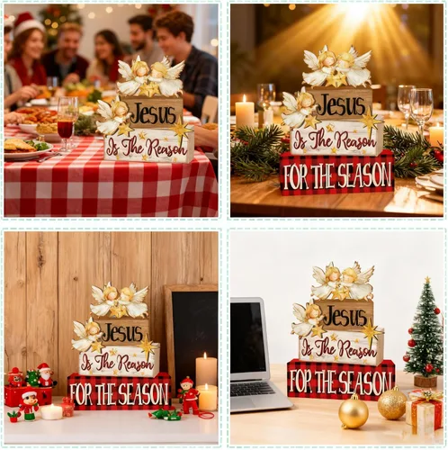 Vista 6 de 4 Piezas de Decoraciones de Navidad para Interior - Decoración de Mesa de Ángel de Madera para el Hogar - Centro de Mesa de Navidad para la Mesa