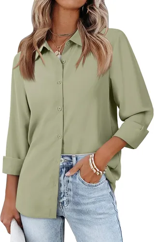 Vista 5 de siliteelon Camisas de manga larga con botones de gasa para mujer: blusas de trabajo con cuello para negocios, oficina, vestidos casuales