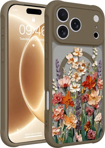 Vista 70 de Magnético para iPhone 13 con protector de pantalla [Compatible con MagSafe] Diseño de patrón floral de flores bonitas, funda delgada a prueba