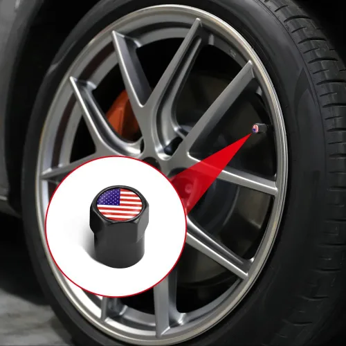 Vista 3 de ASUBHA 4 tapas de vástago de válvula de neumático con bandera estadounidense, tapones de aire de aluminio para neumáticos con junta tórica de goma