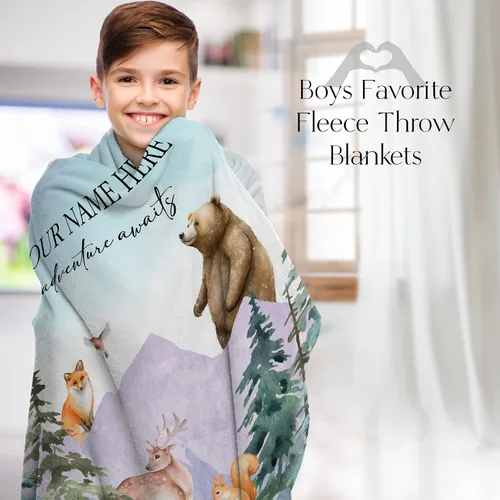 Vista 3 de Manta personalizada con diseño de aventura que espera la naturaleza, para niños o adultos con bonito nombre personalizado, suave y afelpado