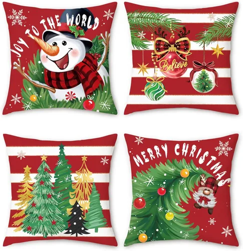 Vista 8 de Bonhause Red Christmas Throw Pillow Covers 16x16 Inch Set of 4 Navidad roja