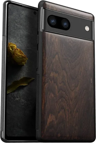 Vista 14 de Carveit Funda de madera para Pixel 7a [madera natural y TPU suave negro] a prueba de golpes, funda protectora de madera única y elegante compatible