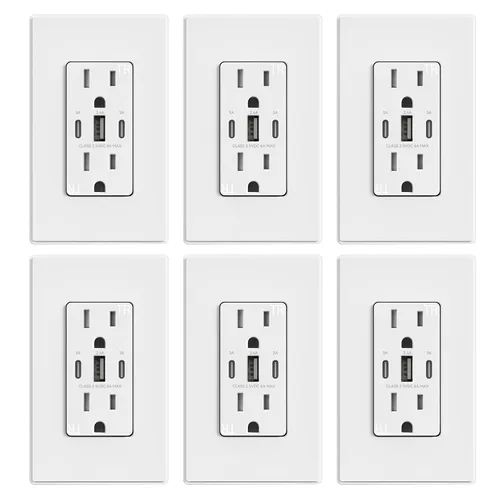 Vista 22 de ELEGRP Tomacorrientes USB, 30 W 6.0 Amp USB C, toma de pared USB de 3 puertos, toma de corriente resistente a manipulaciones de 15 amperios con 2