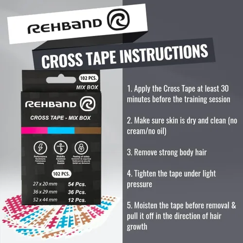 Vista 6 de Rehband Crosstape 102 unidades, cinta de celosía cruzada en diferentes colores y tamaños, parches de acupuntura para deportes y vida cotidiana
