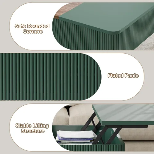 Vista 12 de HLR Mesa de Centro de 47" con Tapa de Elevación Doble y Almacenamiento, Mesa de Centro Moderna de Madera Acanalada con Compartimento Oculto, Mesa