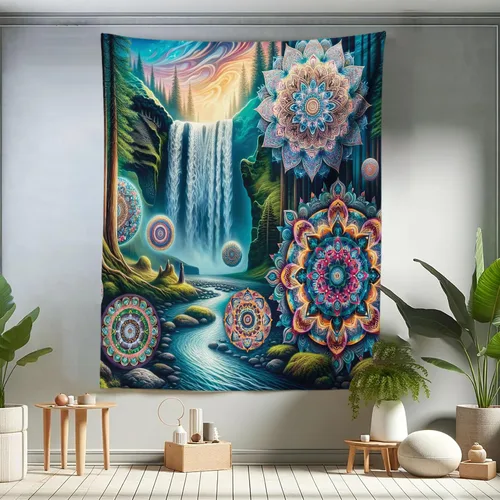 Vista 124 de Ambesonne Tapiz Trippy, vista panorámica de la cascada con bosques de ensueño y mandala oriental psicodélico, decoración de tela para colgar