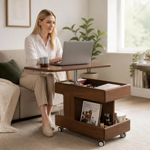 Vista 10 de Mesa de Centro de Madera Maciza 100% con Tapa Elevable y Almacenamiento, Mesita de Noche Pequeña con Ruedas y Escritorio Giratorio de 360°, Mesa