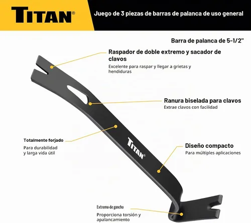 Vista 4 de Titan 17121 Juego de 3 barras de palanca planas de 5.5 pulgadas, 7.5 pulgadas y 9.5 pulgadas con extractor de clavos, barra de acero forjado