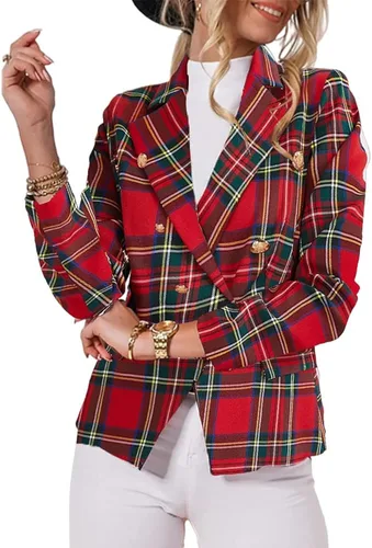 Vista 2 de Taodou Chaqueta casual a cuadros para mujer, de manga larga, con doble botonadura y cuello de solapa