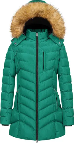 Vista 9 de CREATMO US Abrigo de invierno con capucha para mujer, impermeable, cálido, largo acolchado, parka Azul (Acid Blue)