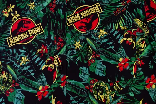 Vista 4 de Jurassic Park Camisa abotonada para hombre, Negro "Tropical Raptor