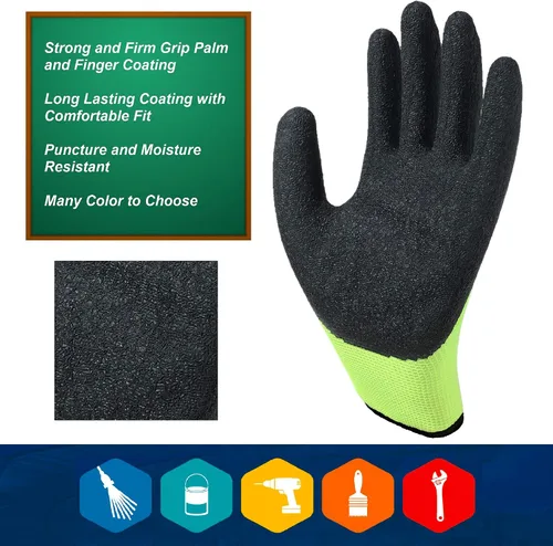 Vista 3 de GLL Guantes de trabajo de seguridad con revestimiento de látex para hombres y mujeres, paquete de 10 pares de agarre firme