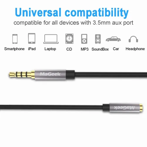Vista 3 de MaGeek Cable de extensión auxiliar de audio de 0.138 in, TRRS de 4 polos, adaptador de extensión auxiliar macho a hembra compatible con Beats