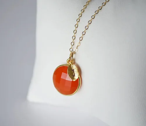 Vista 6 de Personalized Carnelian July Birthstone Necklace, 18K Gold Filled, Coin